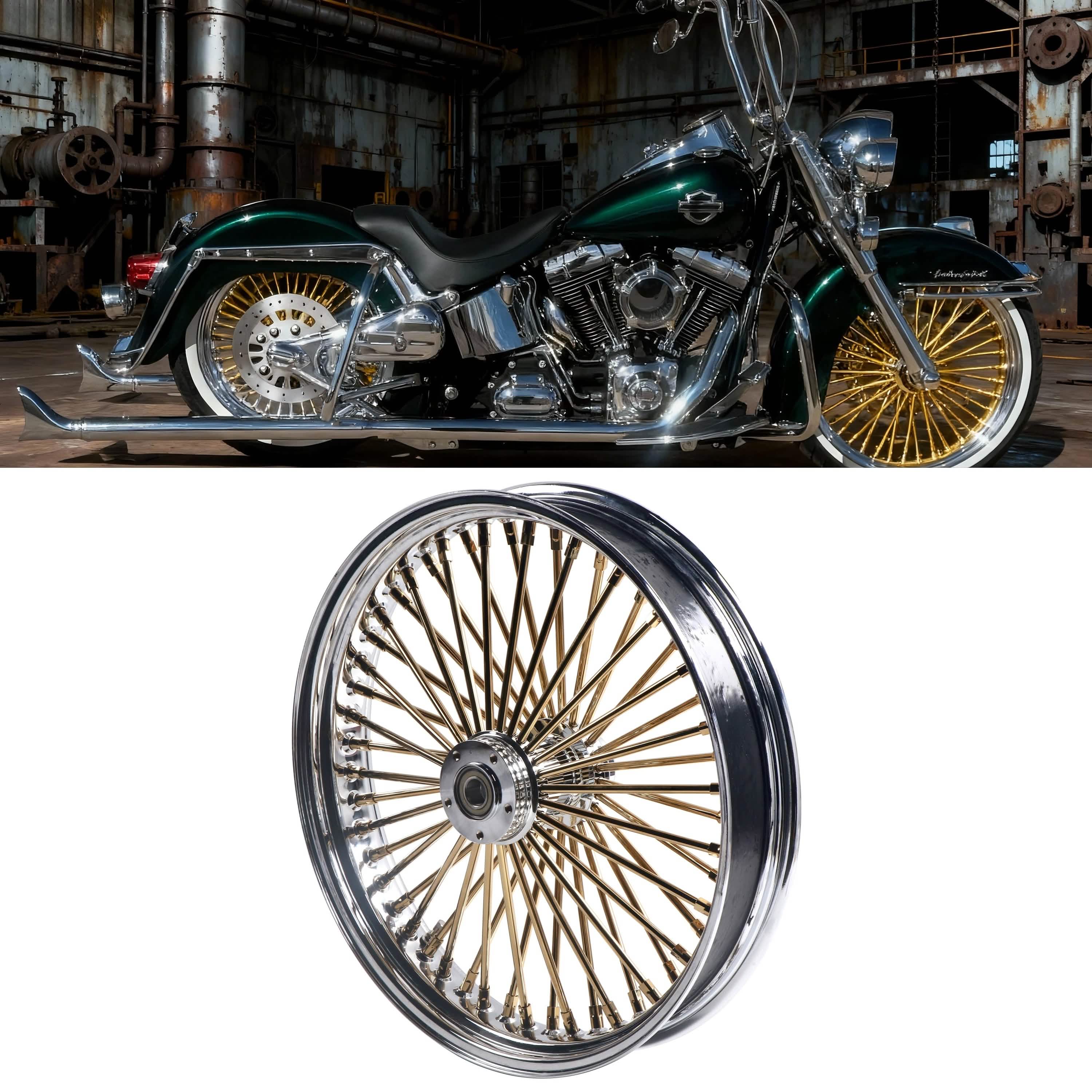 21x3.5" Harley Softail Dyna Front Wheel Gold Fat Spokes 2008-Up | Non-ABS