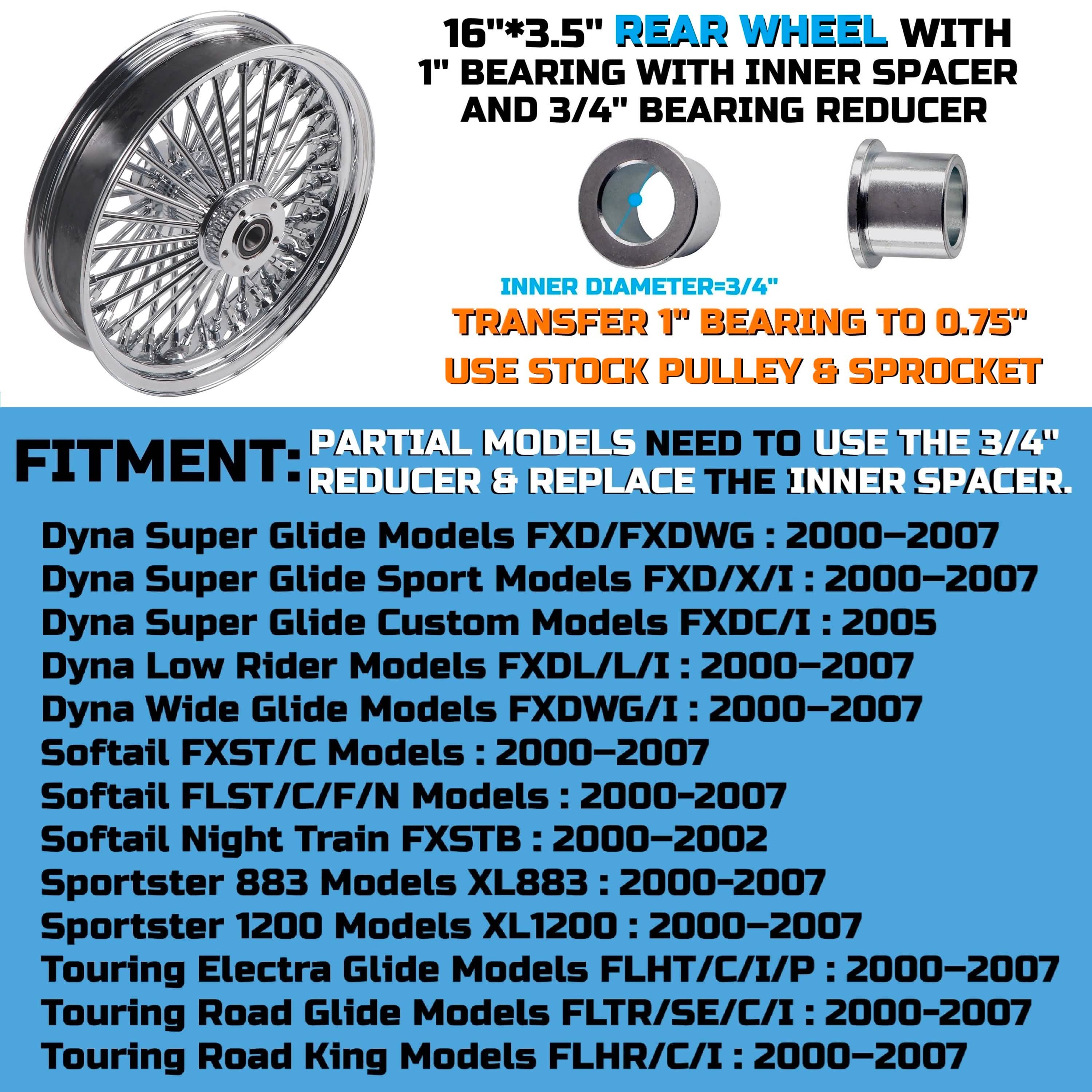 16*3.5" Rear Wheel Chrome Fat Spokes Rim for 00-07 Harley Dyna/Softail/Touring – Dual Bearing (1" & 3/4") w/ Reducer BACK ORDER