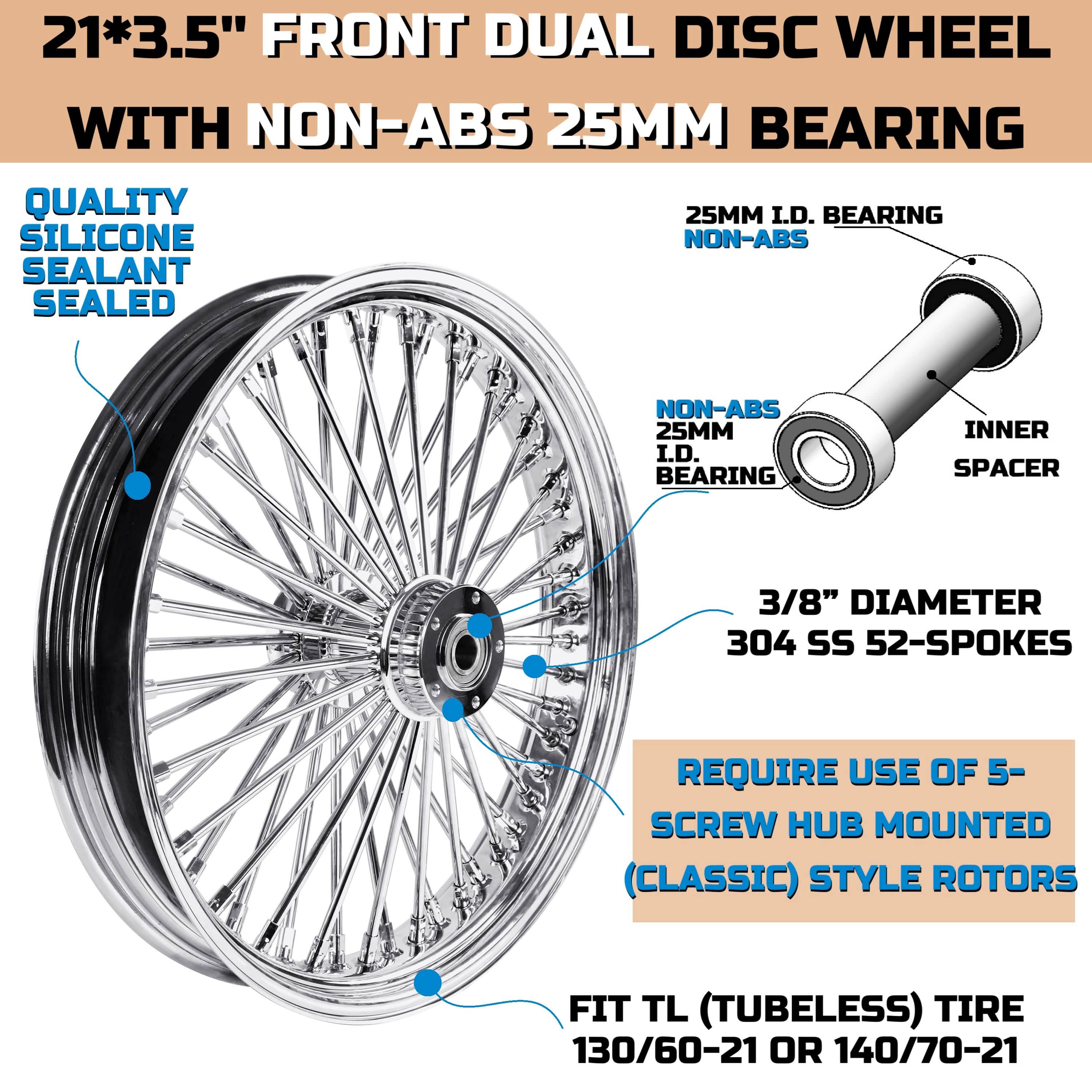 21x3.5" Harley Touring Front Dual Disc Wheel 2008-2024 | Chrome Spoke