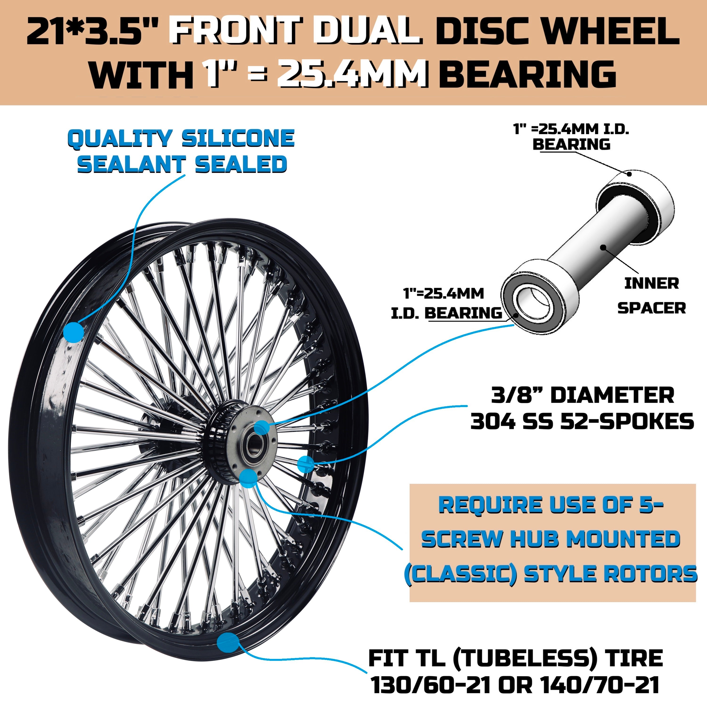 21x3.5" Harley Touring Front Wheel Fat Spokes Dual Disc 2000-2025 | Black & Chrome
