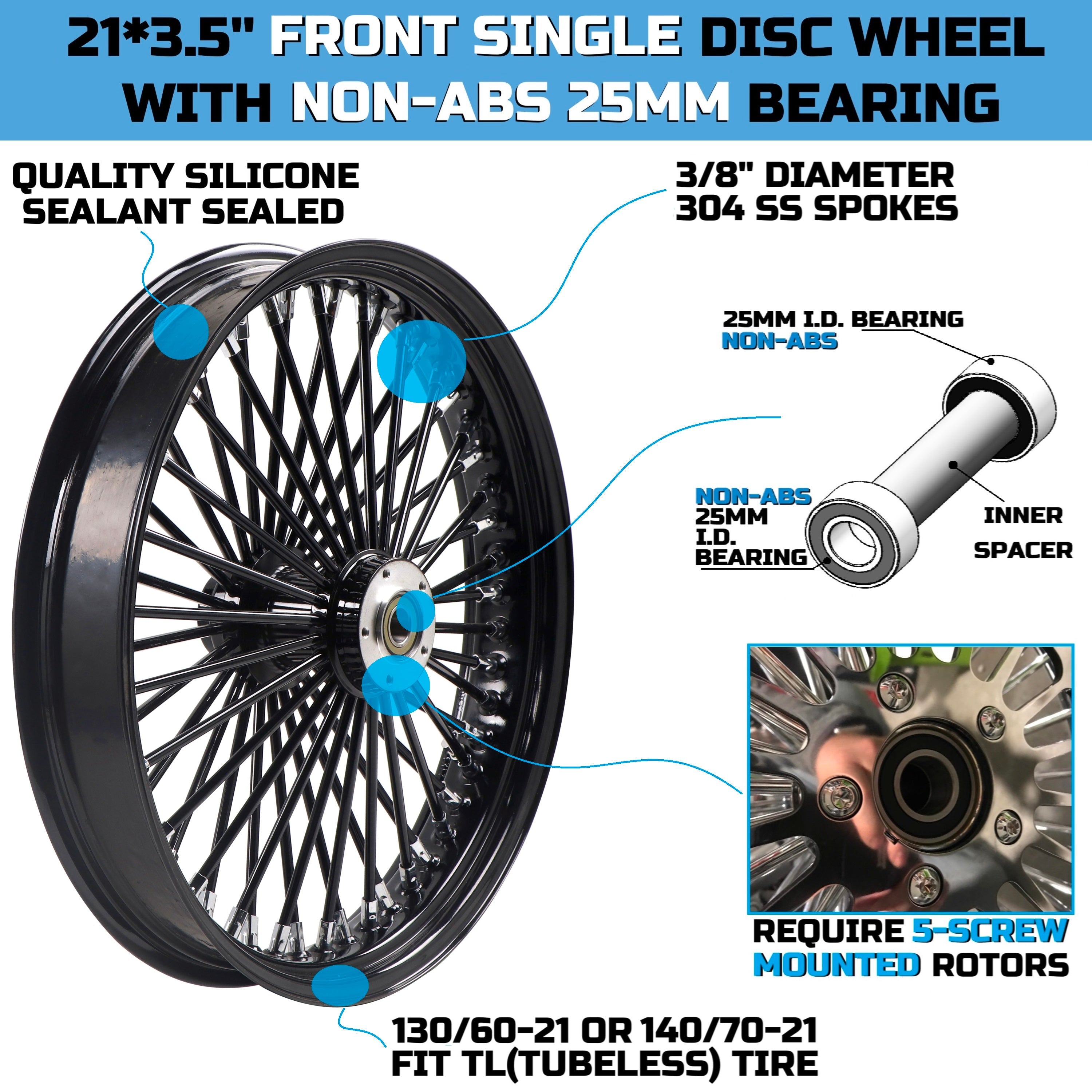 21x3.5" Harley Softail Front Wheel Black Fat Spokes 2008-Up | Single Disc ABS