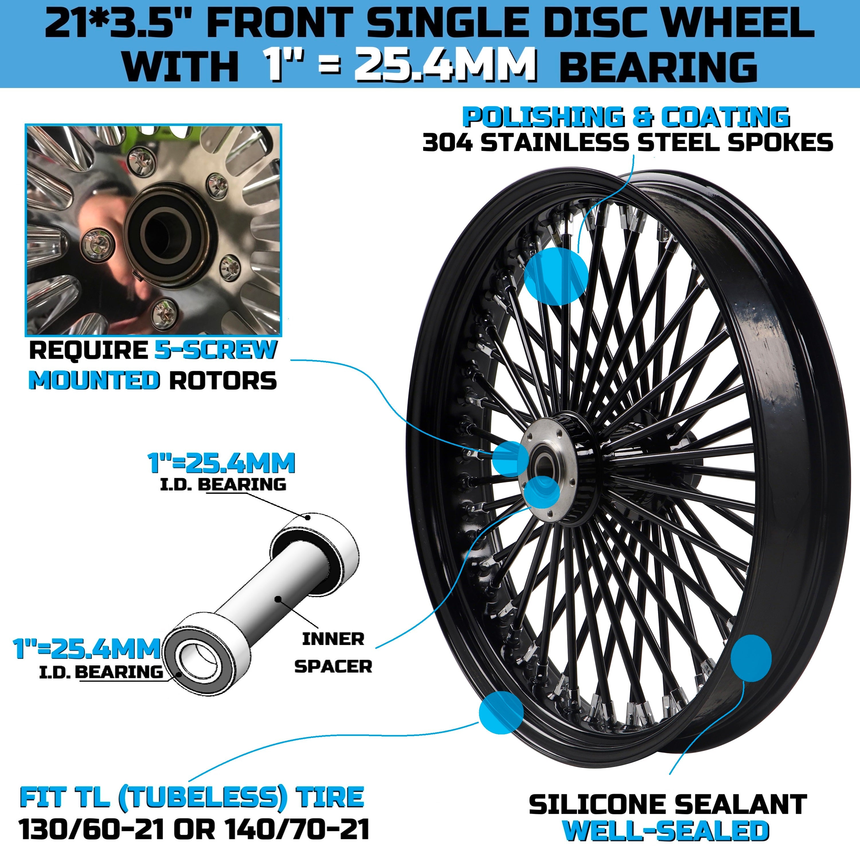 21x3.5" Harley Softail Front Wheel Fat Spokes 2000-2006 | Single Disc