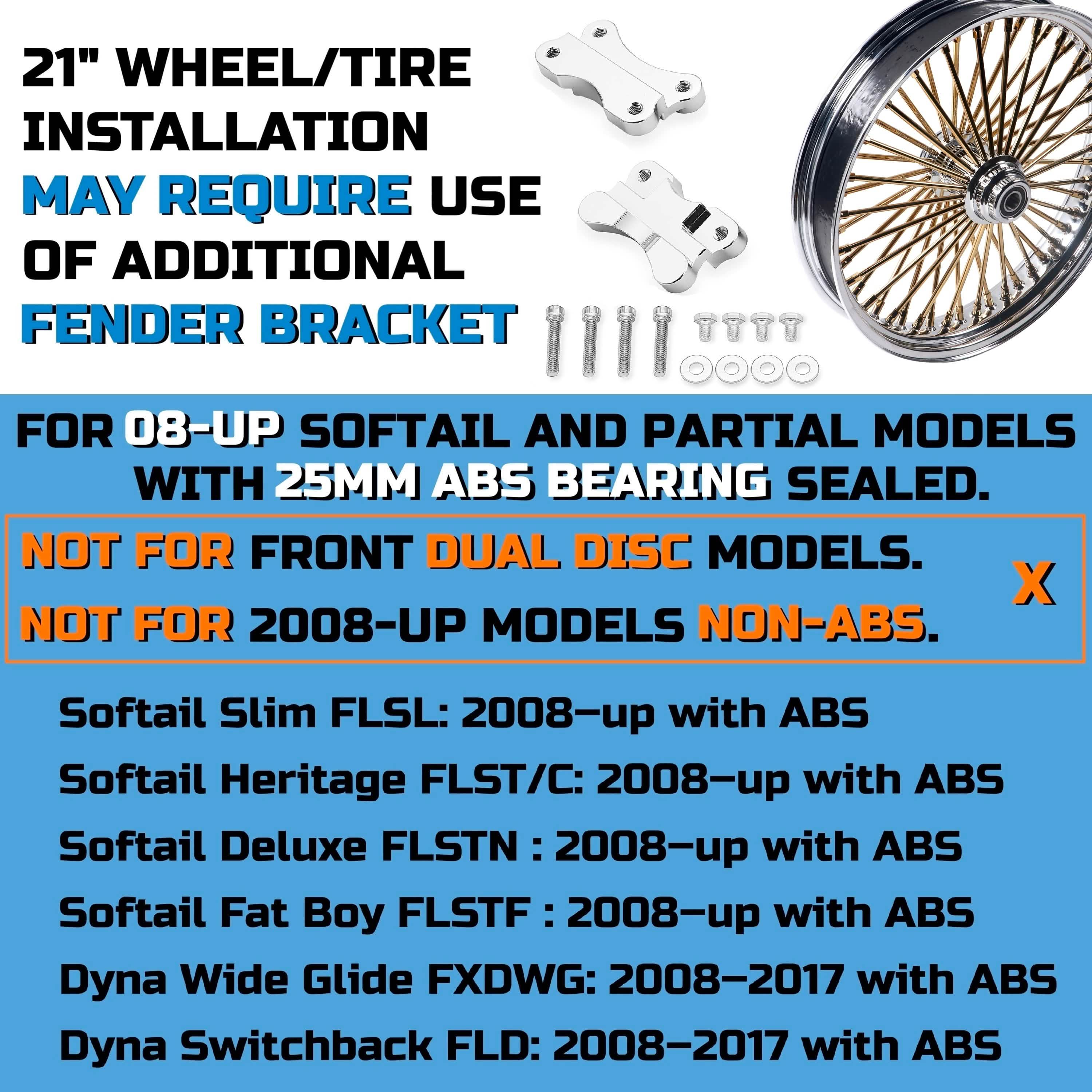 21x3.5" Harley Softail Front Wheel Gold and Chrome Fat Spokes 2008-Up | Slim Fat Boy Dyna