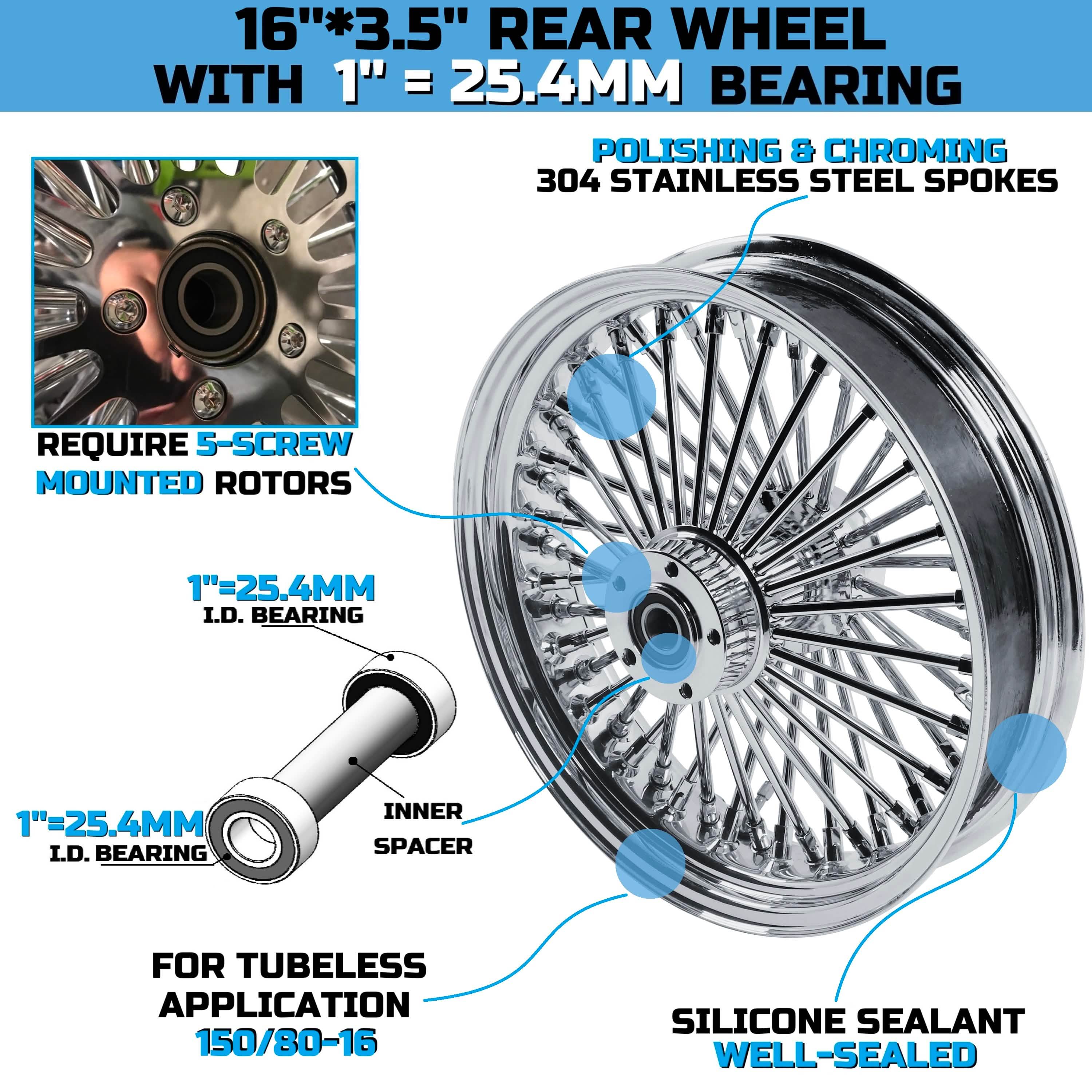 16*3.5" Rear Wheel Chrome Fat Spokes Rim for 00-07 Harley Dyna/Softail/Touring – Dual Bearing (1" & 3/4") w/ Reducer BACK ORDER