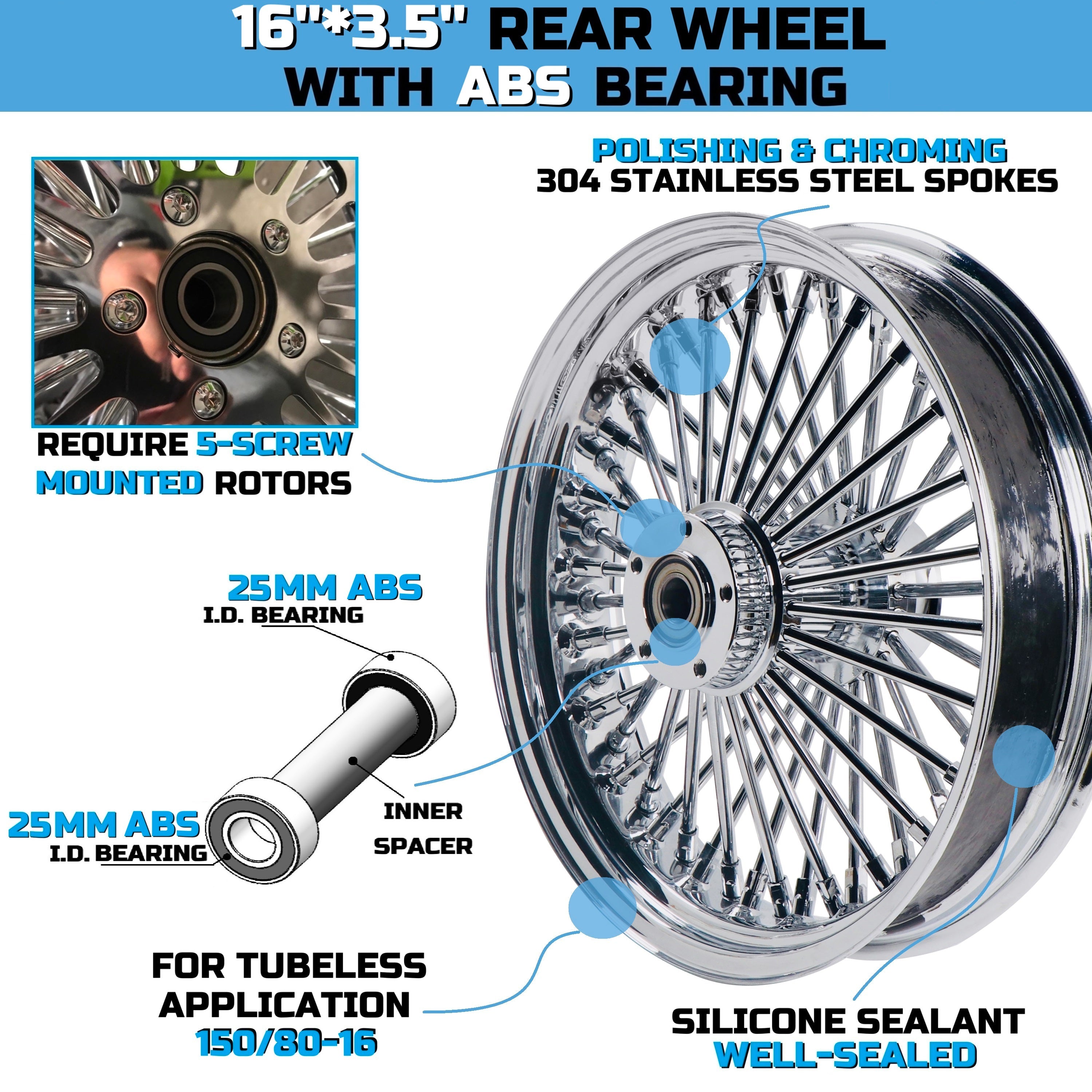 16x3.5" Harley Rear Wheel Chrome Fat Spokes 2008-Up | Softail Dyna Sportster
