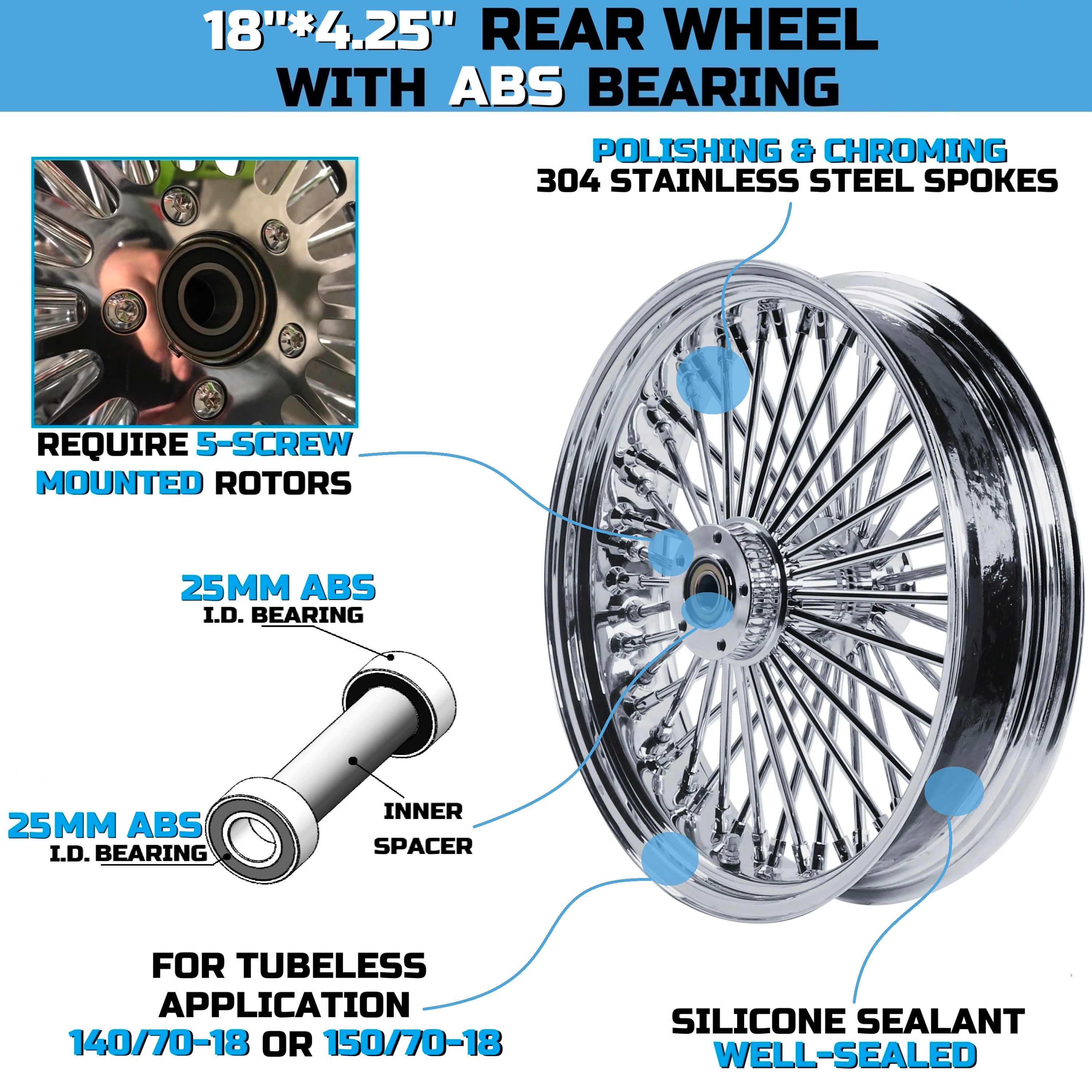 18x4.25" Harley Rear Wide Wheel Chrome Fat Spokes 2008-Up | Softail Dyna