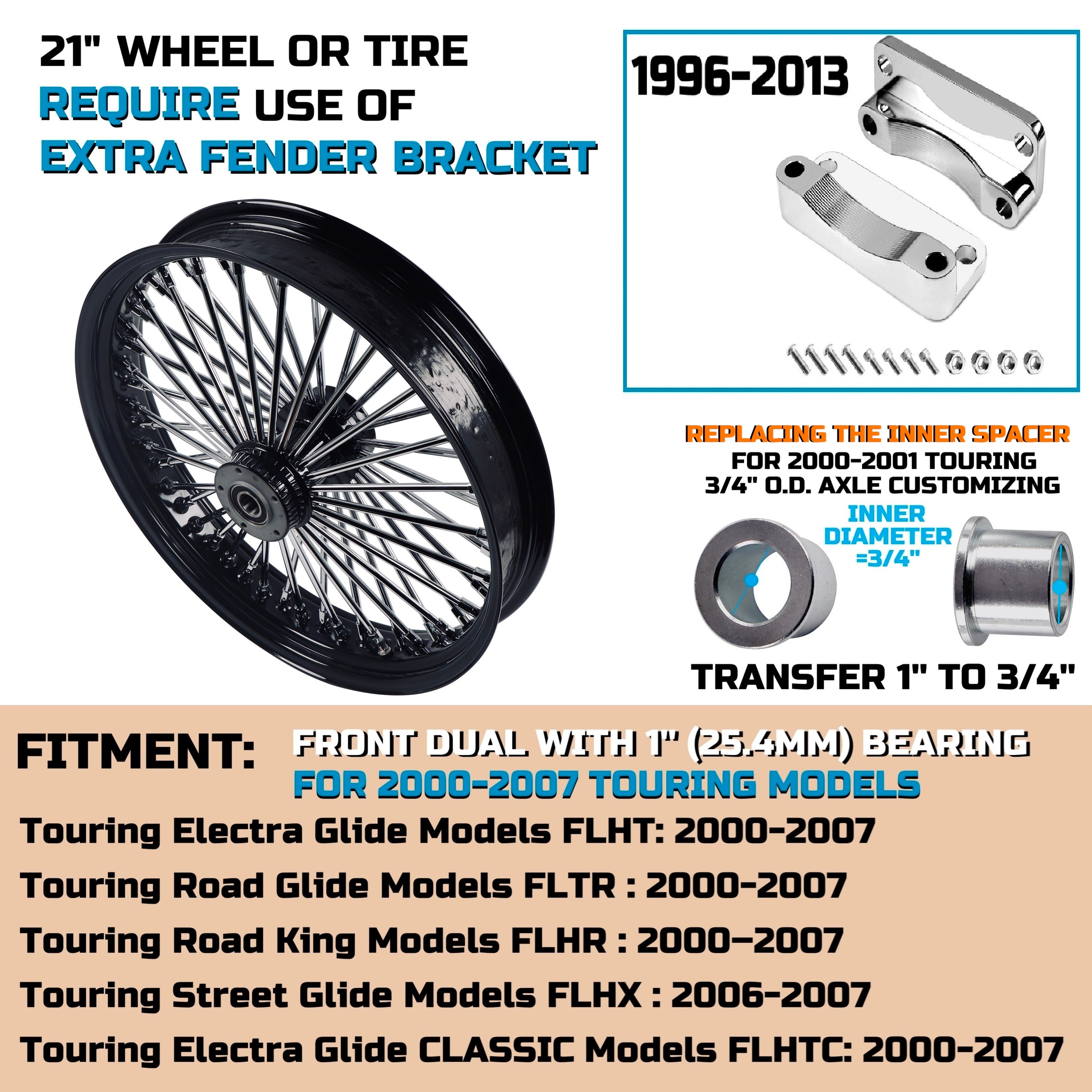 21x3.5" Harley Touring Front Wheel Fat Spokes Dual Disc 2000-2025 | Black & Chrome