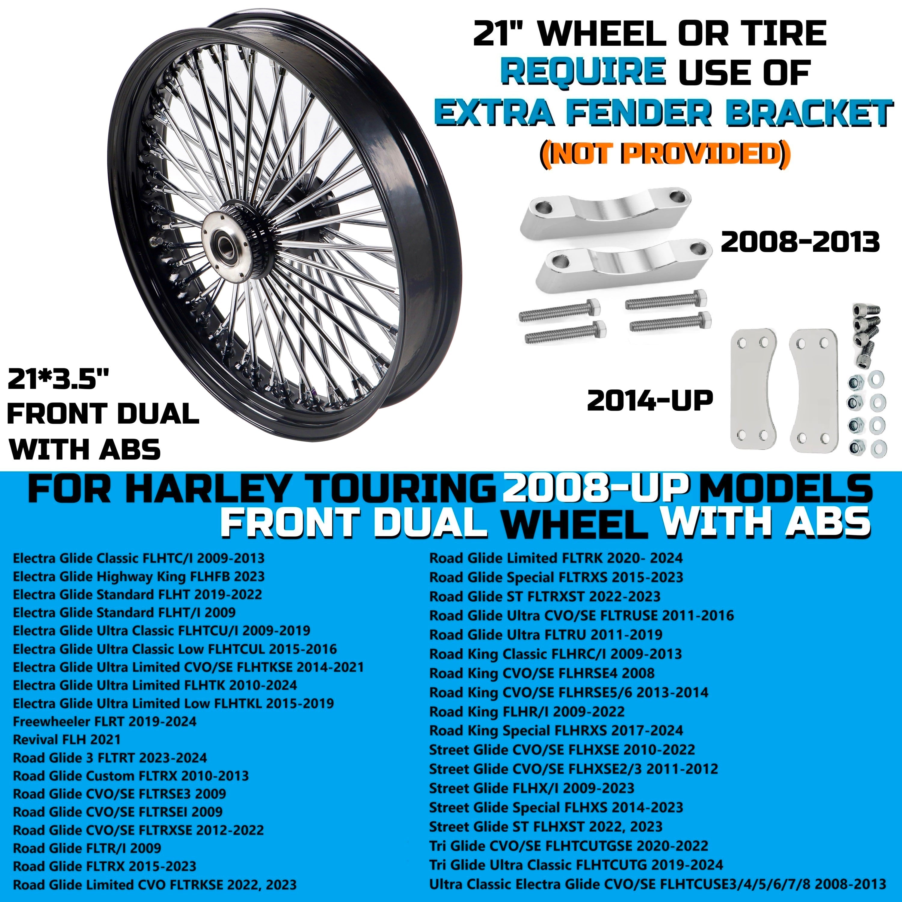 21x3.5" Harley Touring Front Wheel Fat Spokes Dual Disc 2000-2025 | Black & Chrome