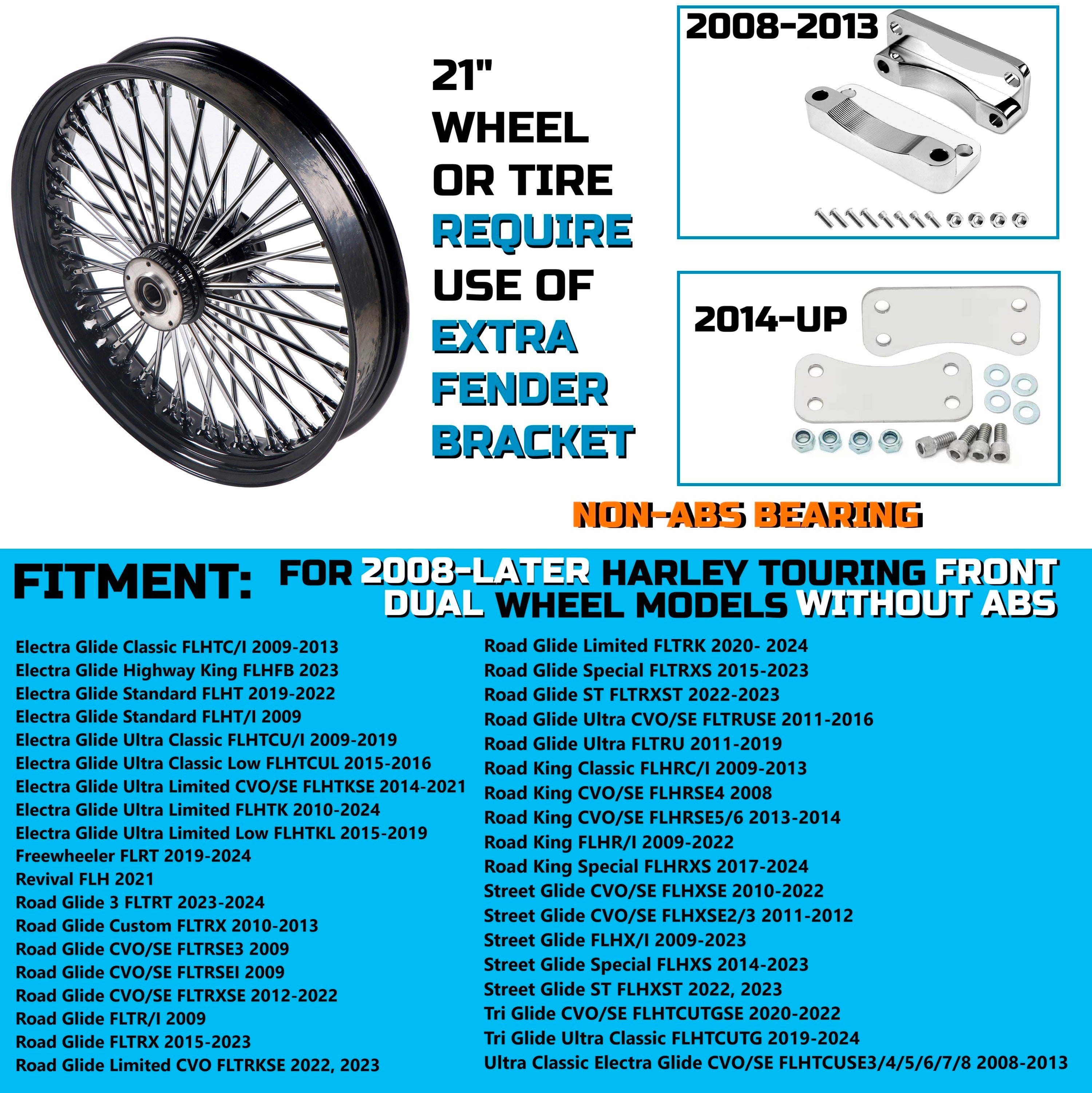 Stainless Steel Fat Spokes 21 Inch Front Black Wheel Dual Disc for 00-upTouring Harley Davidson Wheels Rims