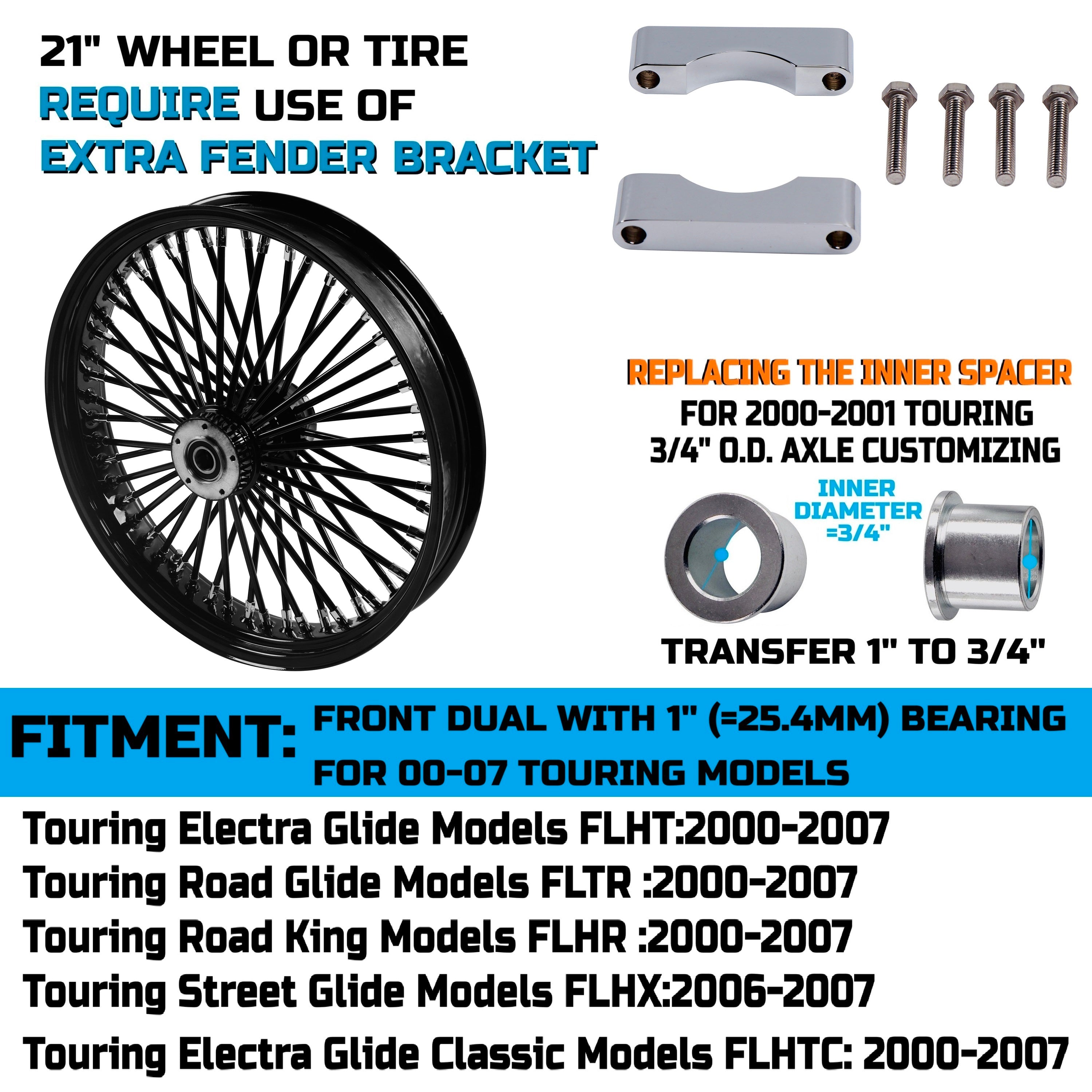 Stainless Steel Fat Spokes 21 Inch Front Black Wheel Dual Disc for 00-upTouring Harley Davidson Wheels Rims