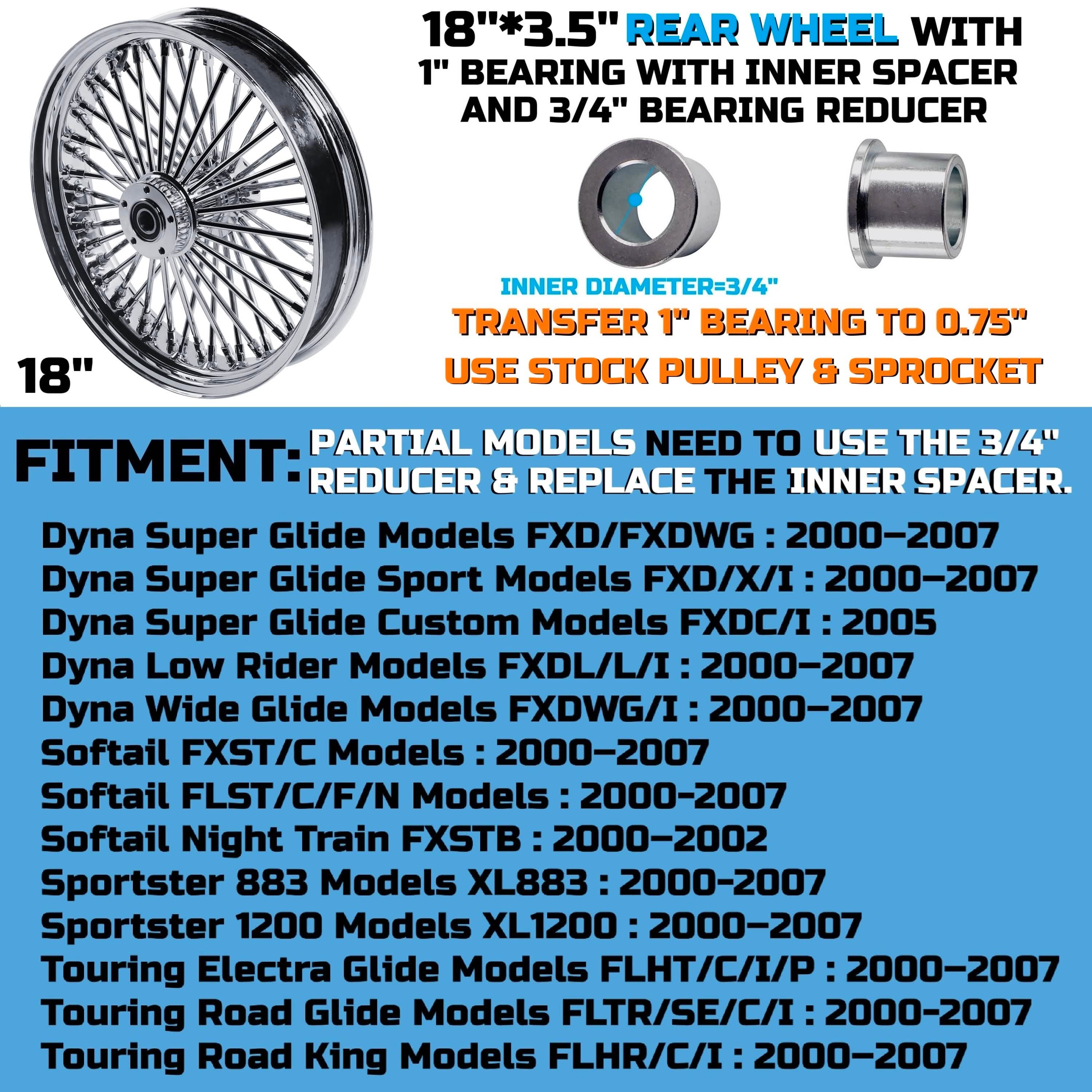 18"x3.5" Chrome Fat Spoke Rear Wheel for Harley 2000-2007 Touring/Dyna/Softail/Sportster (3.5" Rim), Stainless Steel 3/8'' Solid Spokes for Durable Lasting BACK ORDER