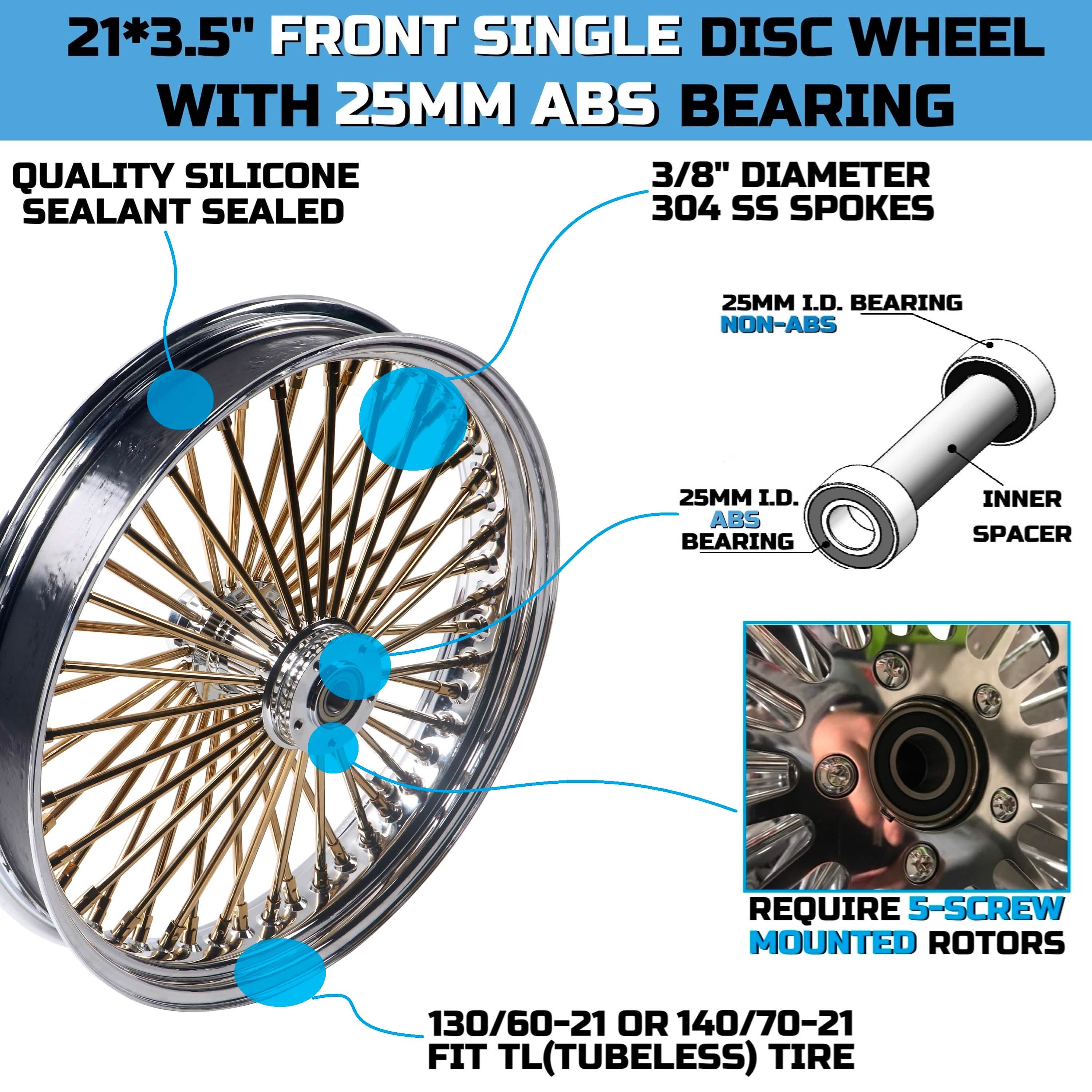 21x3.5" Harley Softail Front Wheel Gold and Chrome Fat Spokes 2008-Up | Slim Fat Boy Dyna
