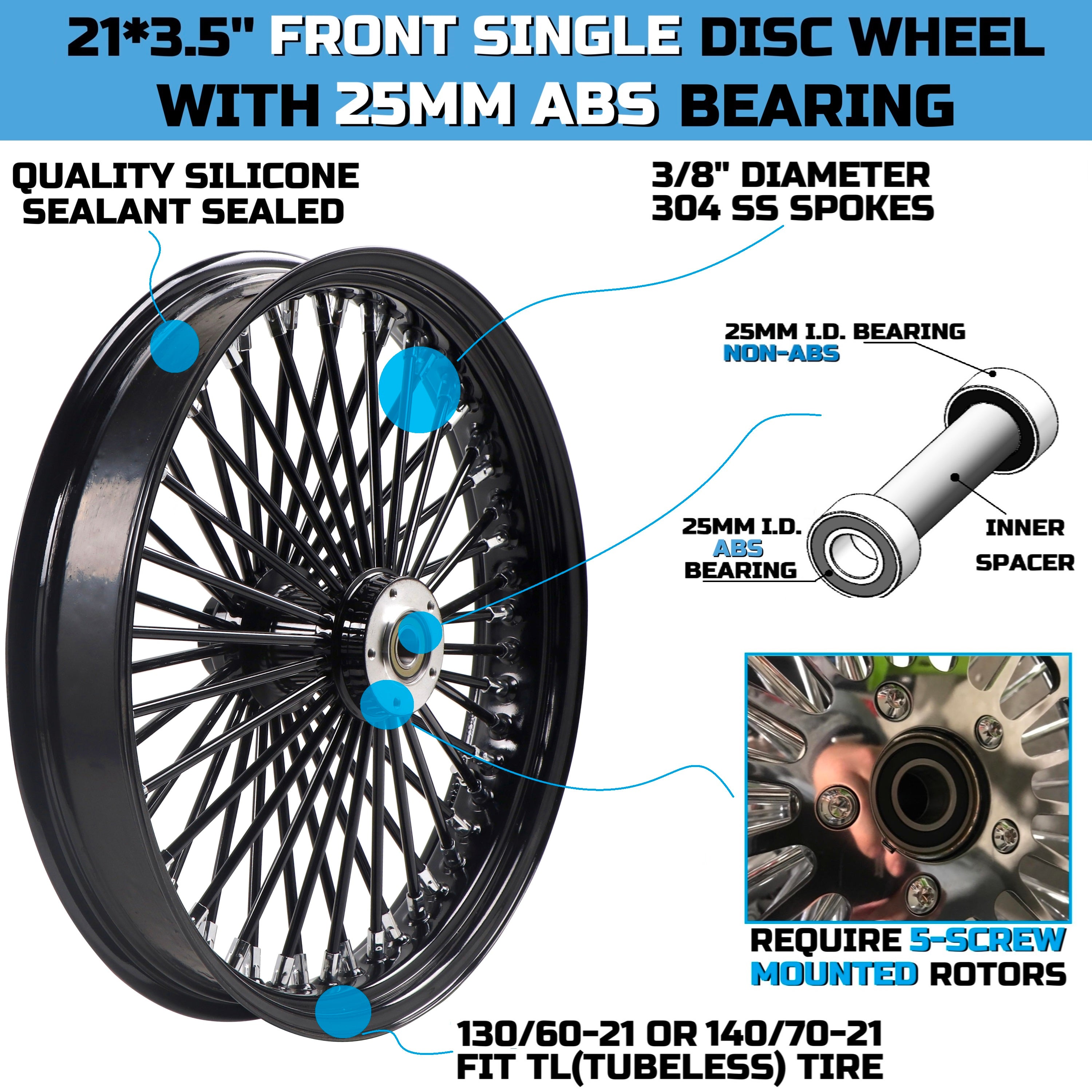 21x3.5" Harley Softail Front Wheel Black Fat Spokes 2008-Up | Single Disc ABS
