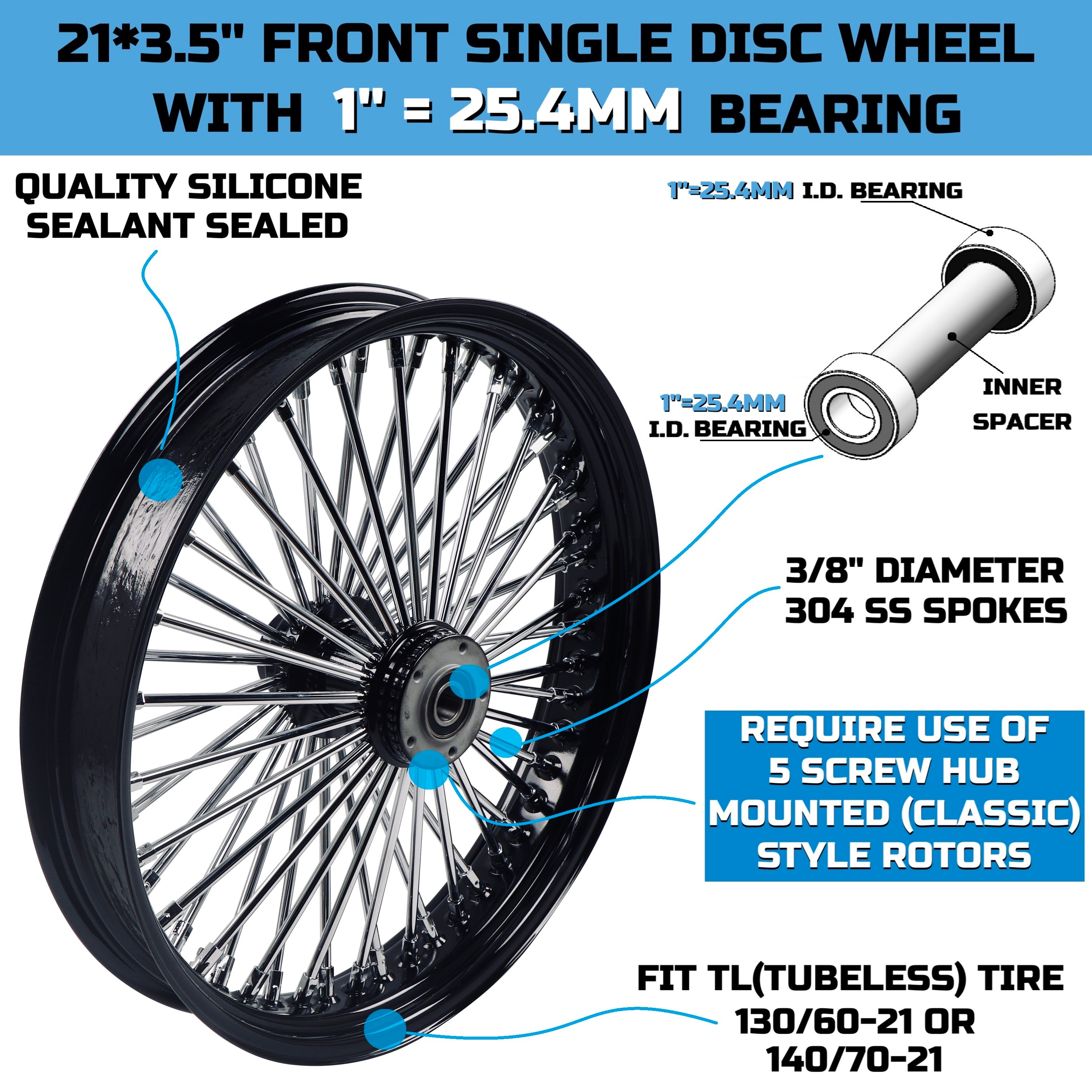 21x3.5" Harley Softail Front Wheel Fat Spokes 2000-2006 | Single Disc