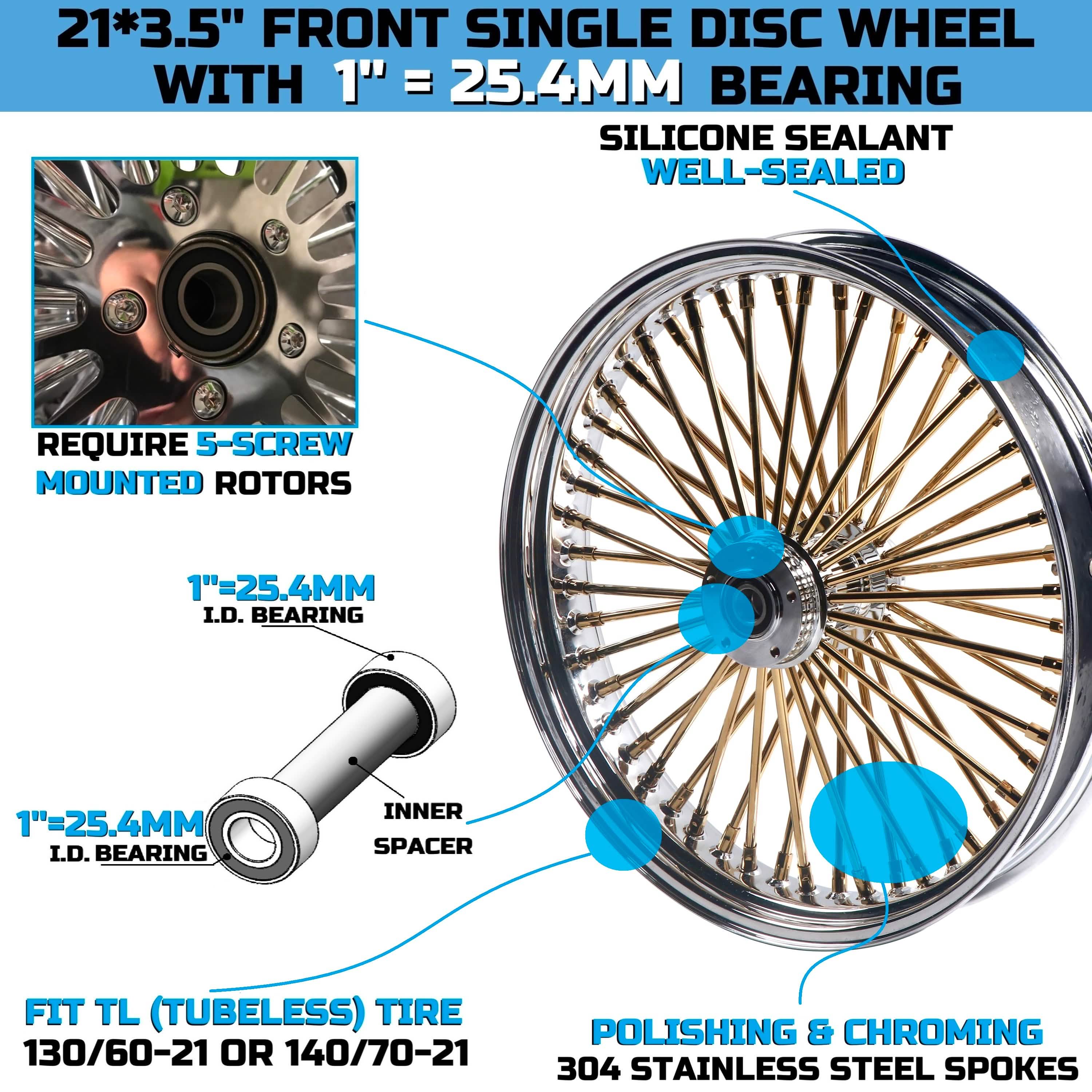 21x3.5" Harley Softail Front Wheel Gold and Chrome Fat Spokes 2000-2006 | Vintage Style