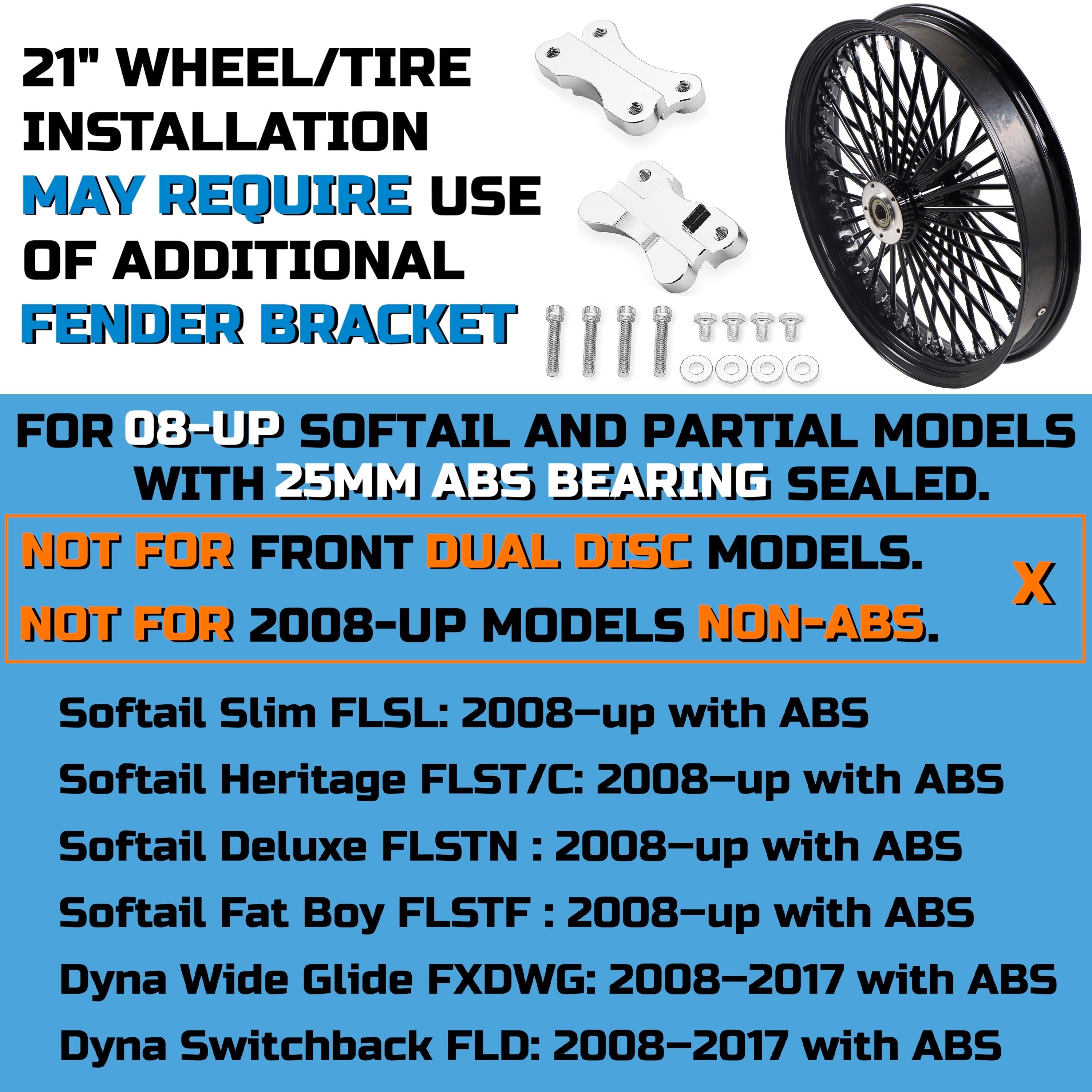 21x3.5" Harley Softail Front Wheel Black Fat Spokes 2008-Up | Single Disc ABS