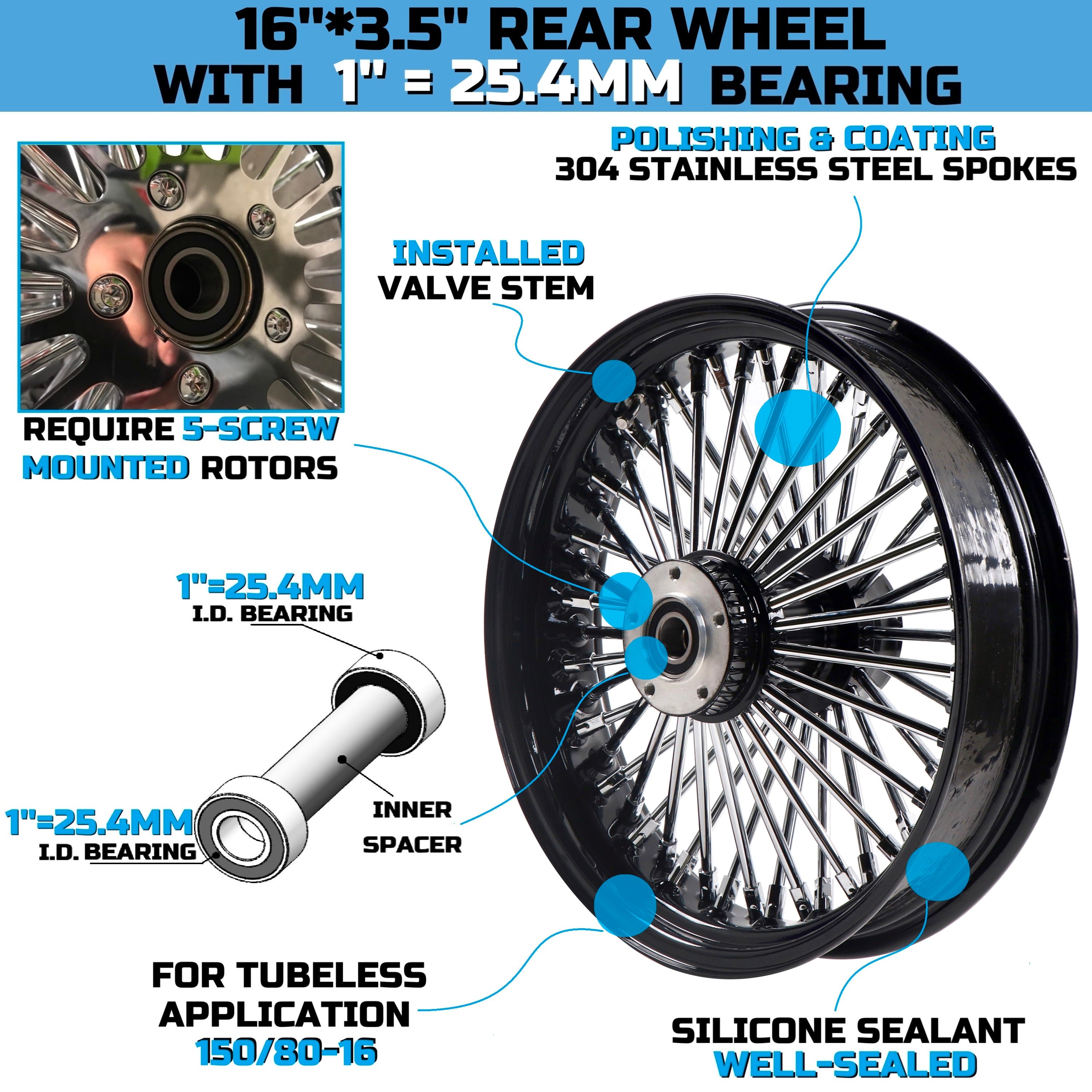 16x3.5" Harley Rear Wheel Chrome Fat Spokes 2008-Up | Softail Dyna Sportster