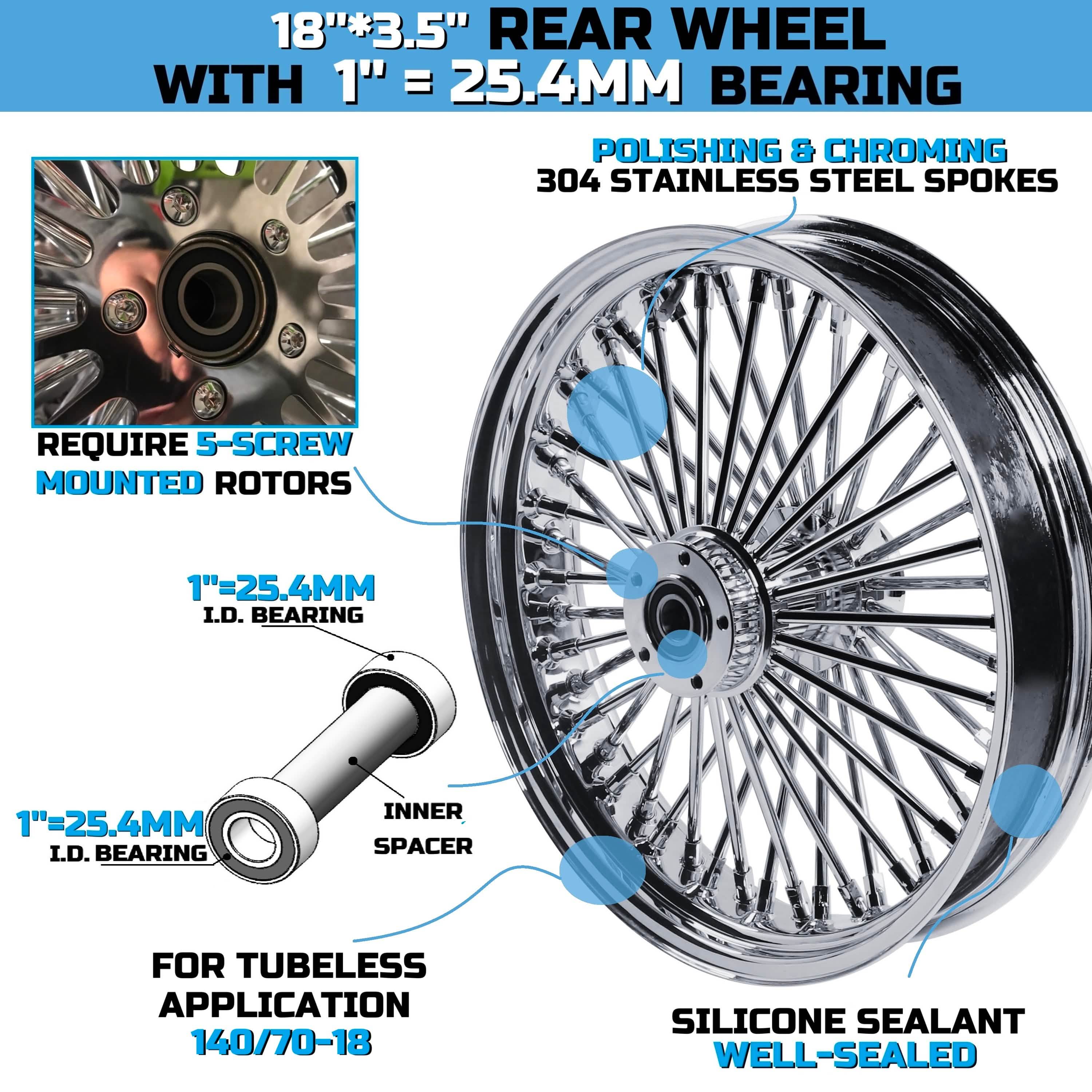 18"x3.5" Chrome Fat Spoke Rear Wheel for Harley 2000-2007 Touring/Dyna/Softail/Sportster (3.5" Rim), Stainless Steel 3/8'' Solid Spokes for Durable Lasting BACK ORDER