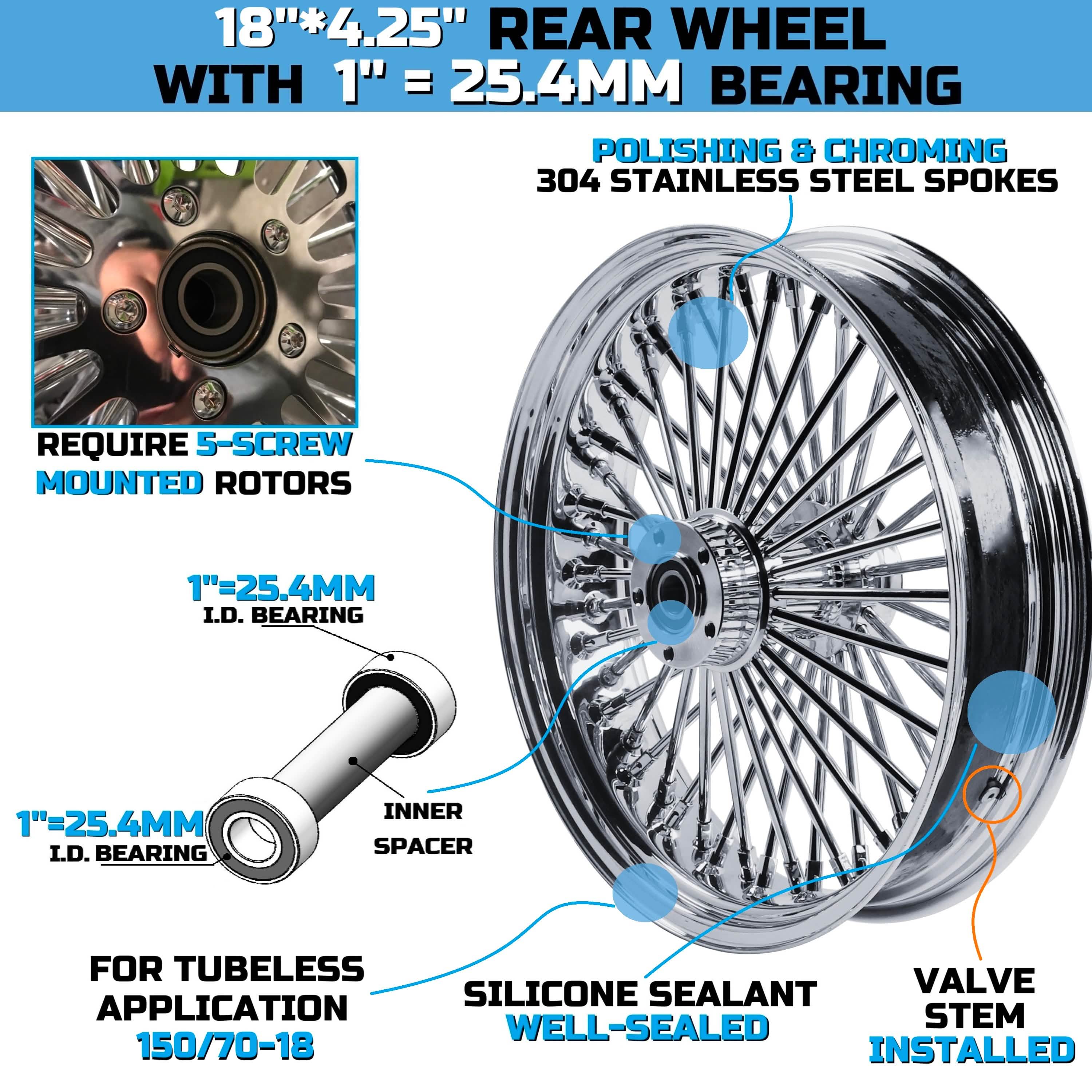 18x4.25" Harley Rear Wheel Chrome Fat Spokes 2000-2007 | Touring Softail Dyna