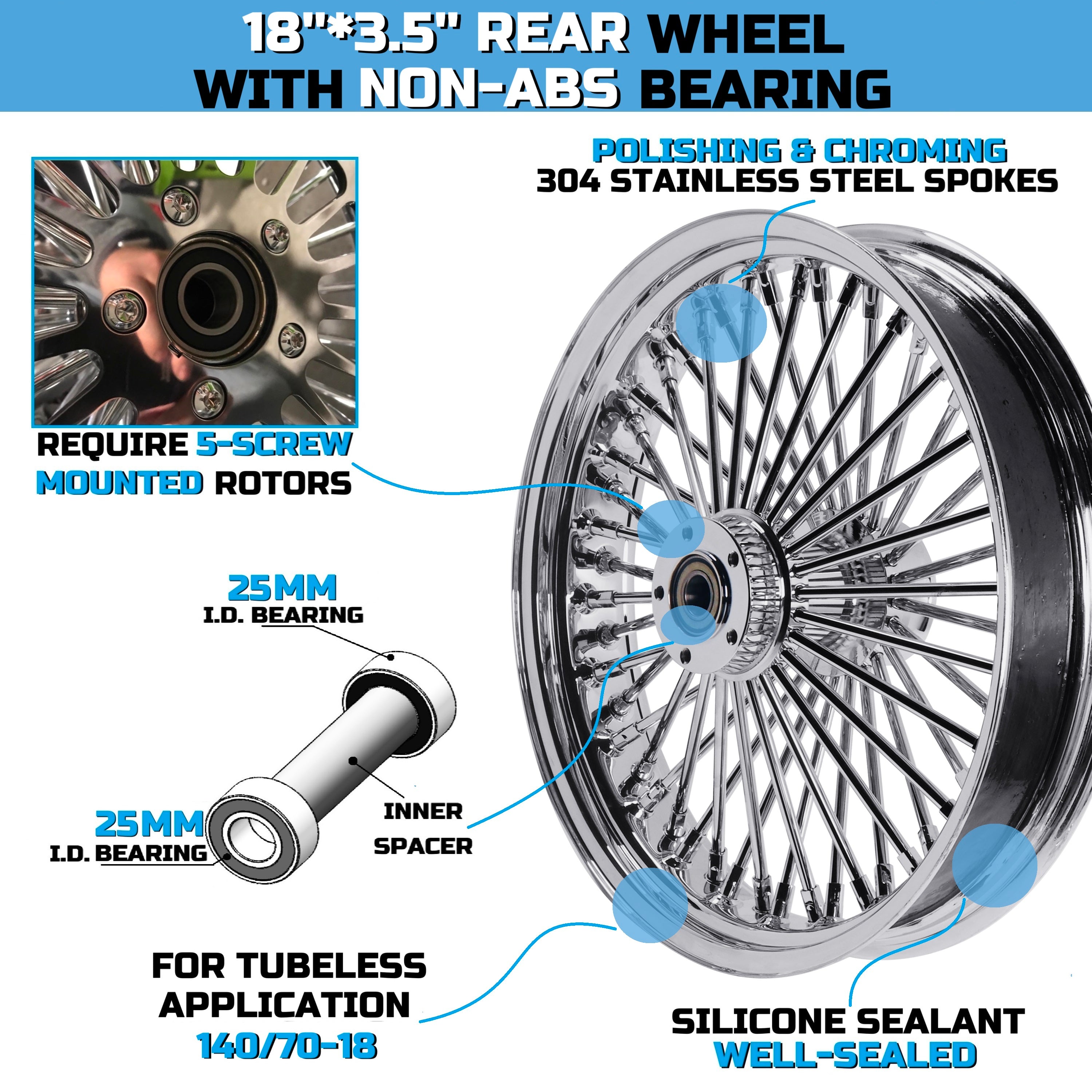 18"×3.5" Chrome Rear Wheel Fat Spokes for Harley Dyna/Softail/Sportster (2008-Up) & Touring Only 2008 Models