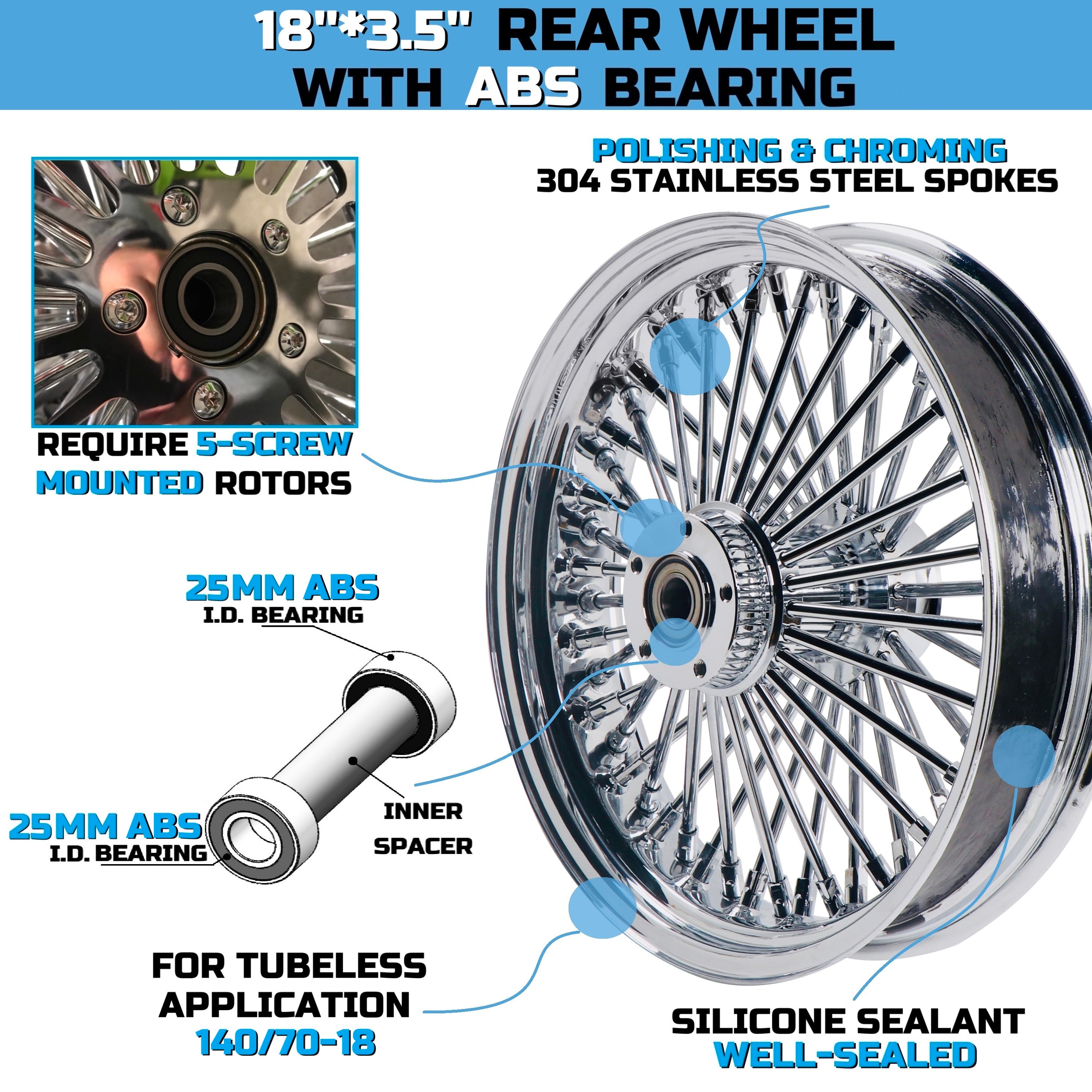 18"×3.5" Chrome Rear Wheel Fat Spokes for Harley Dyna/Softail/Sportster (2008-Up) & Touring Only 2008 Models