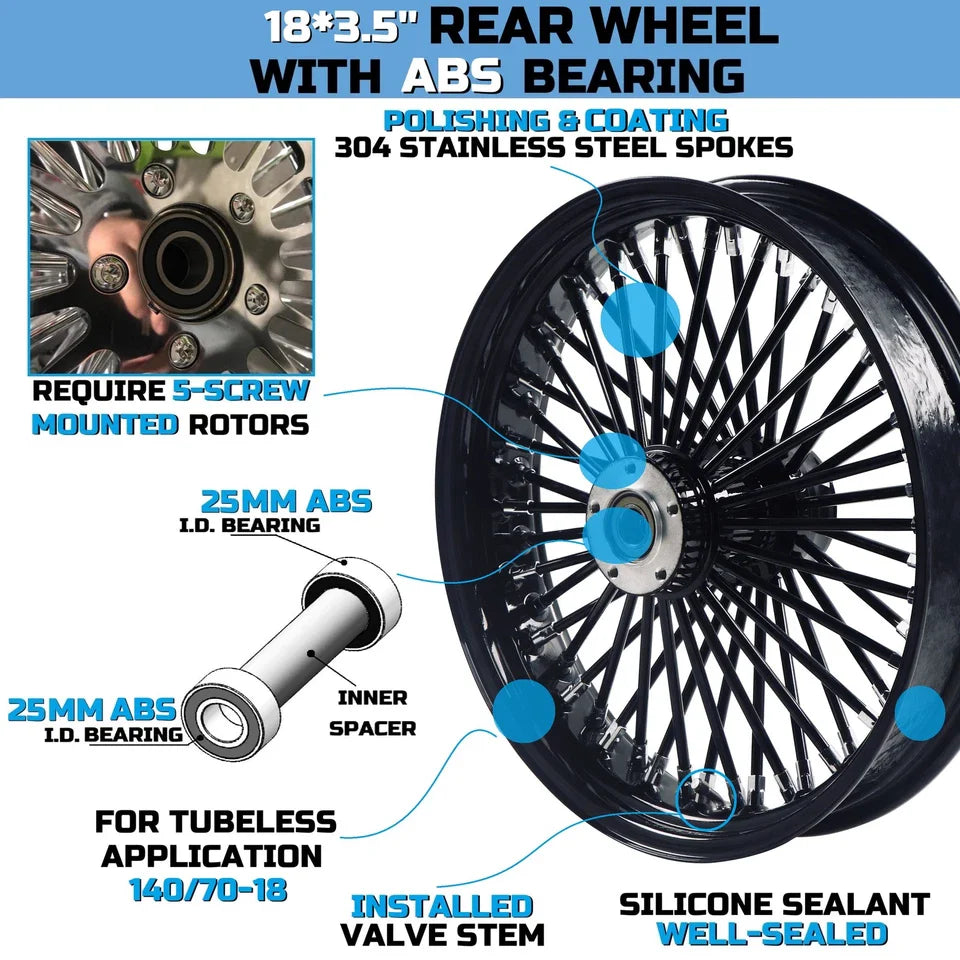 18x3.5" Harley Rear Wheel Black Fat Spokes 2008-Up | Softail Dyna Sportster ABS