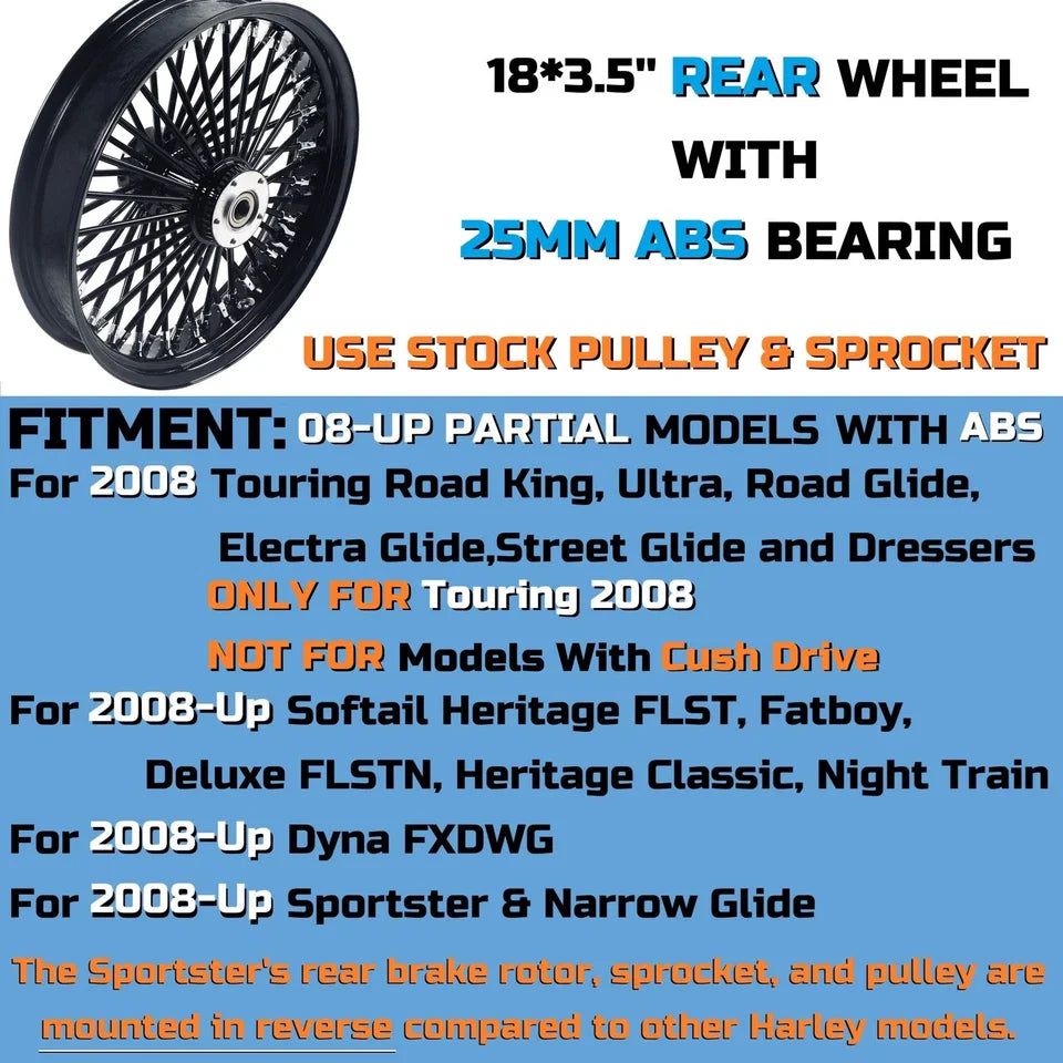 18x3.5" Harley Rear Wheel Black Fat Spokes 2008-Up | Softail Dyna Sportster ABS